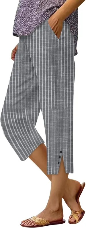 Stripe Cotton Linen Pants Casual 2025 Summer Drawstring Elastic High Waist Straight Plus Size Capri Pants