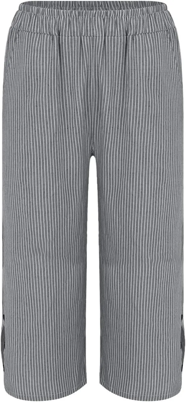 Stripe Cotton Linen Pants Casual 2025 Summer Drawstring Elastic High Waist Straight Plus Size Capri Pants