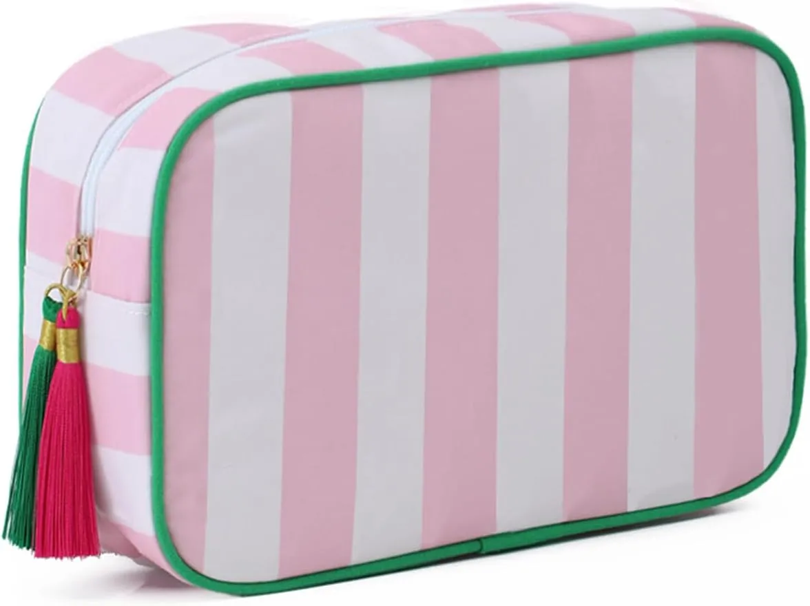 Stripe Makeup Bag Travel Cosmetic Bag Organizer Tassel Toiletry Bag Large Canvas Zipper Pouch and Accessories Storage Bag for Women