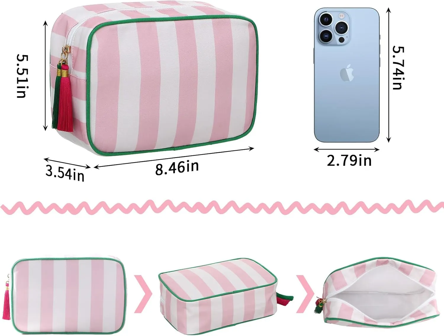Stripe Makeup Bag Travel Cosmetic Bag Organizer Tassel Toiletry Bag Large Canvas Zipper Pouch and Accessories Storage Bag for Women