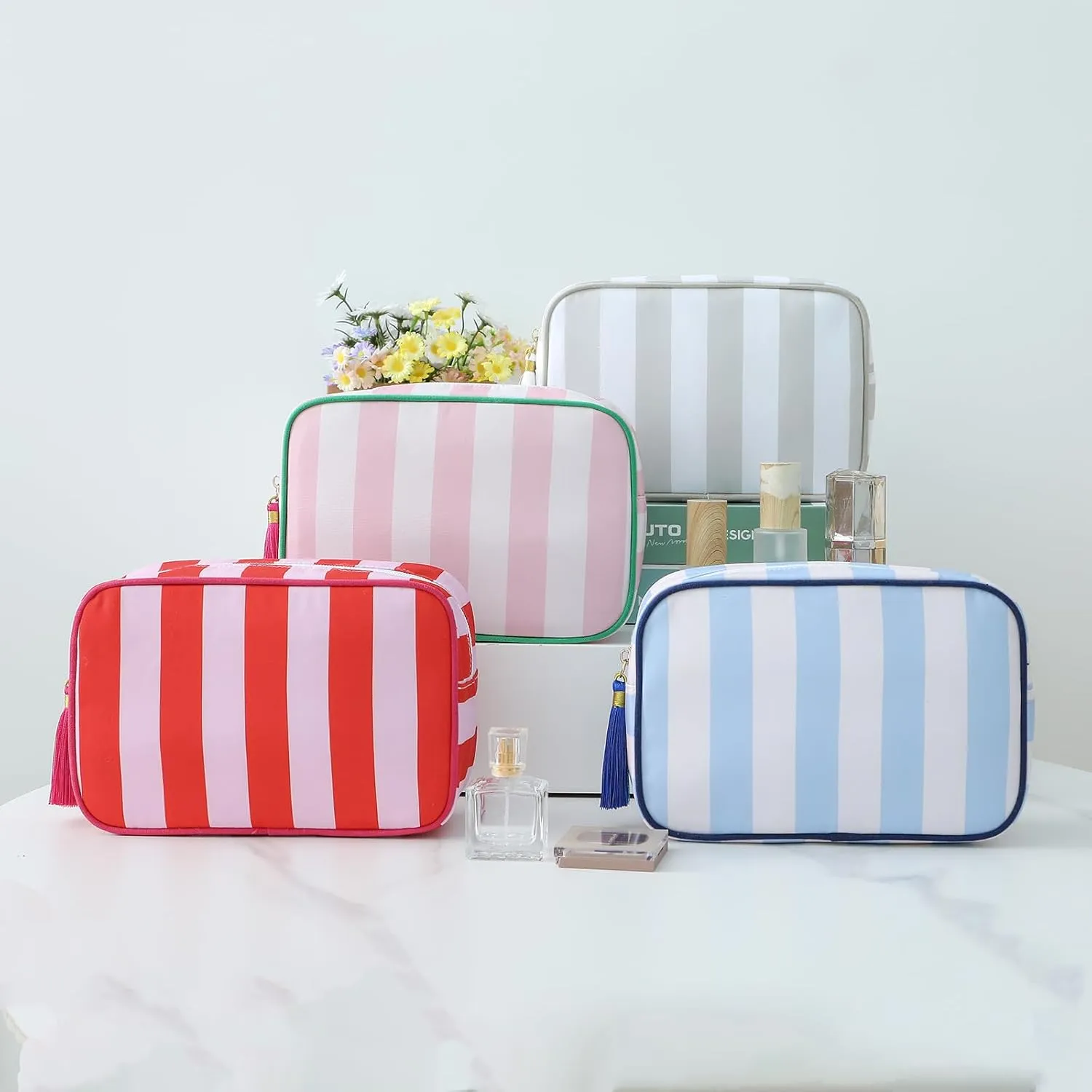 Stripe Makeup Bag Travel Cosmetic Bag Organizer Tassel Toiletry Bag Large Canvas Zipper Pouch and Accessories Storage Bag for Women