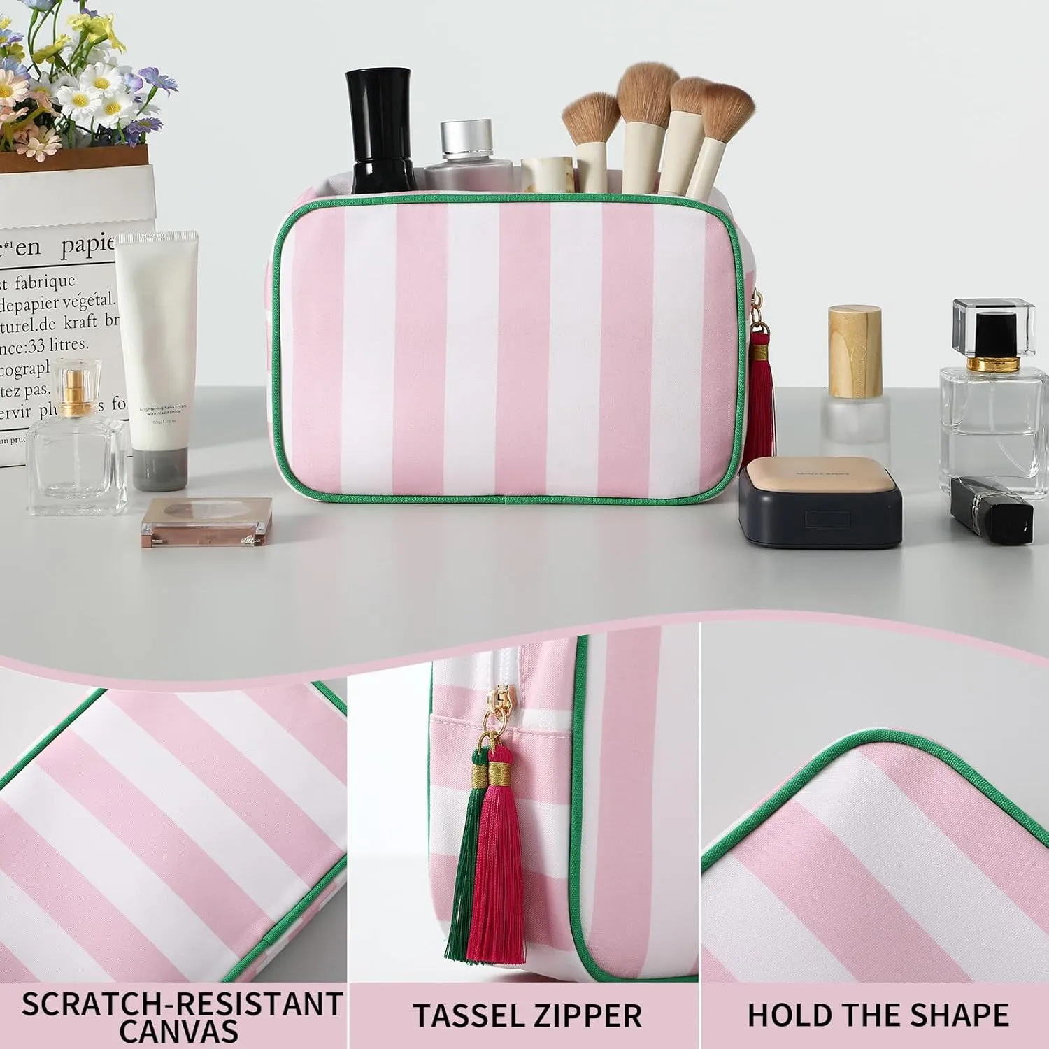 Stripe Makeup Bag Travel Cosmetic Bag Organizer Tassel Toiletry Bag Large Canvas Zipper Pouch and Accessories Storage Bag for Women