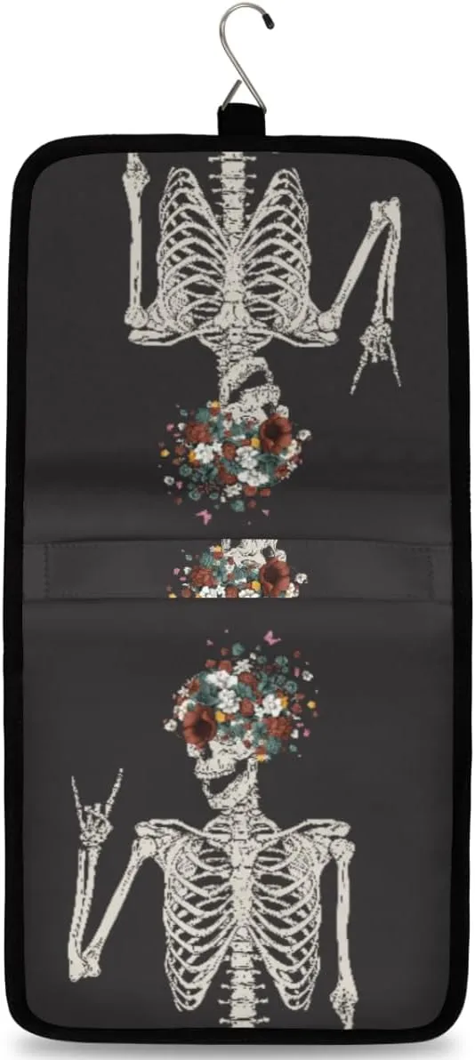 Sugar Skull Flowers Hanging Toiletry Bag with Hanging Hook Large Cosmetic Bag Travel Organizer Kit for Women Men