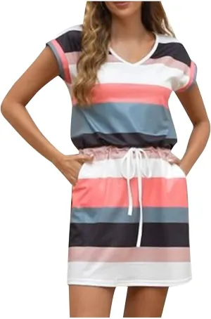 Summer Dresses for Women 2025 Casual V-Neck Short Sleeve Sundress Ladies Fashion Work Mini Dresses with Pockets