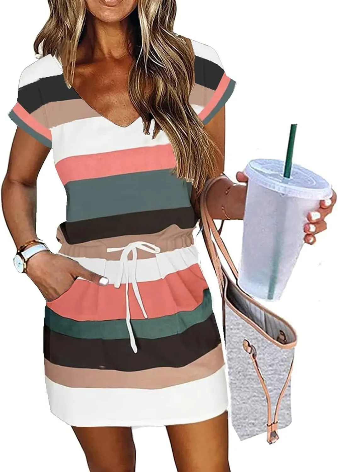 Summer Dresses for Women 2025 Casual V-Neck Short Sleeve Sundress Ladies Fashion Work Mini Dresses with Pockets