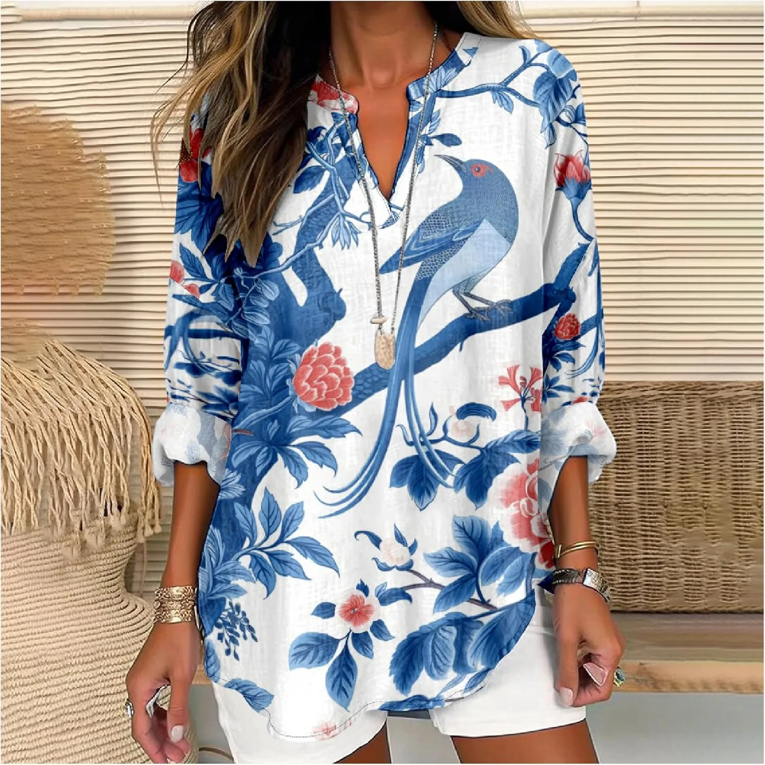 Summer Lightweight Blouses 3/4 Long Sleeve Office Shirts for Women V Neck Casual Fit Trendy Bussiness Work Tops