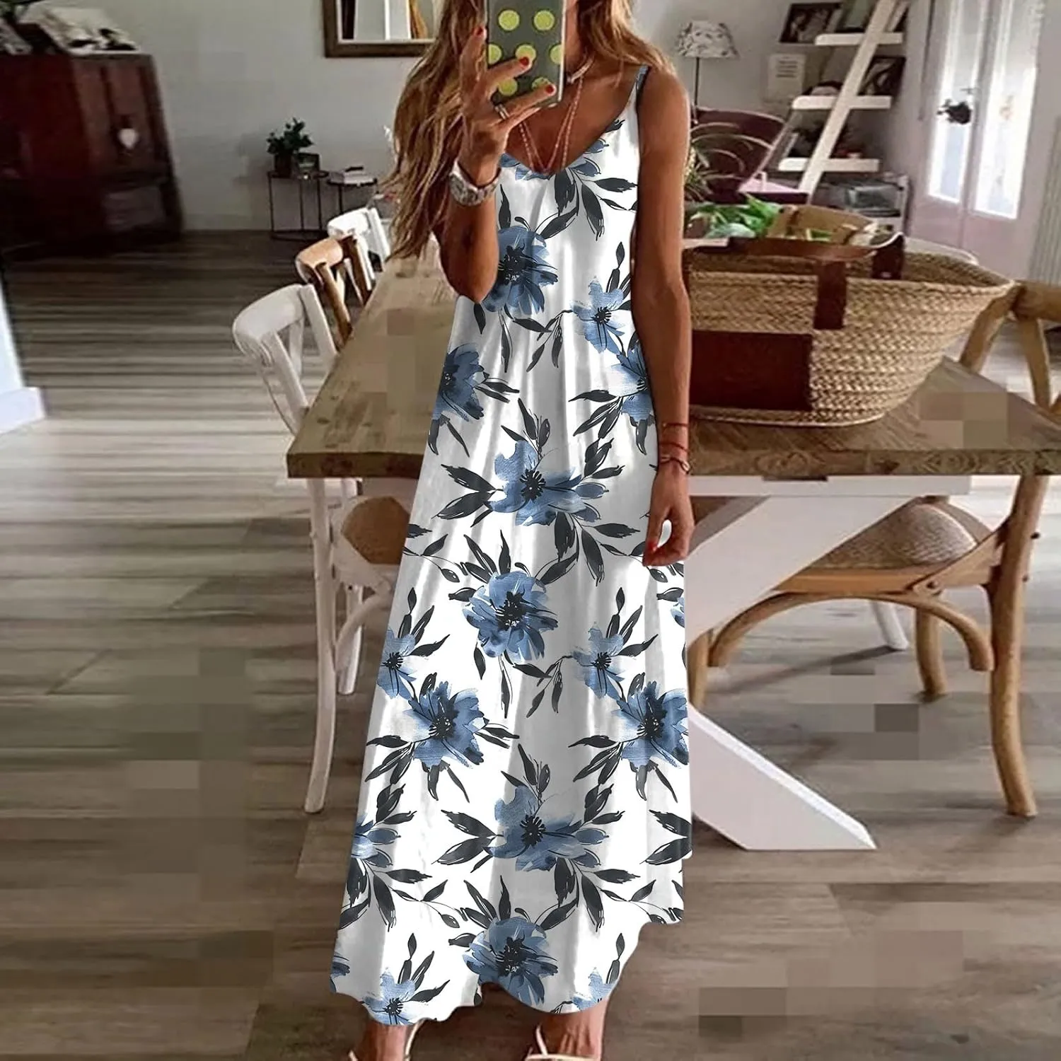 Summer Maxi Dresses for Women 2024 Sexy Floral Slip Dress Trendy Long V Neck Sun Dress Casual Summer Beach Vacation Outfits