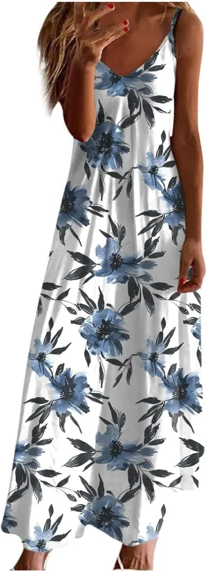 Summer Maxi Dresses for Women 2024 Sexy Floral Slip Dress Trendy Long V Neck Sun Dress Casual Summer Beach Vacation Outfits