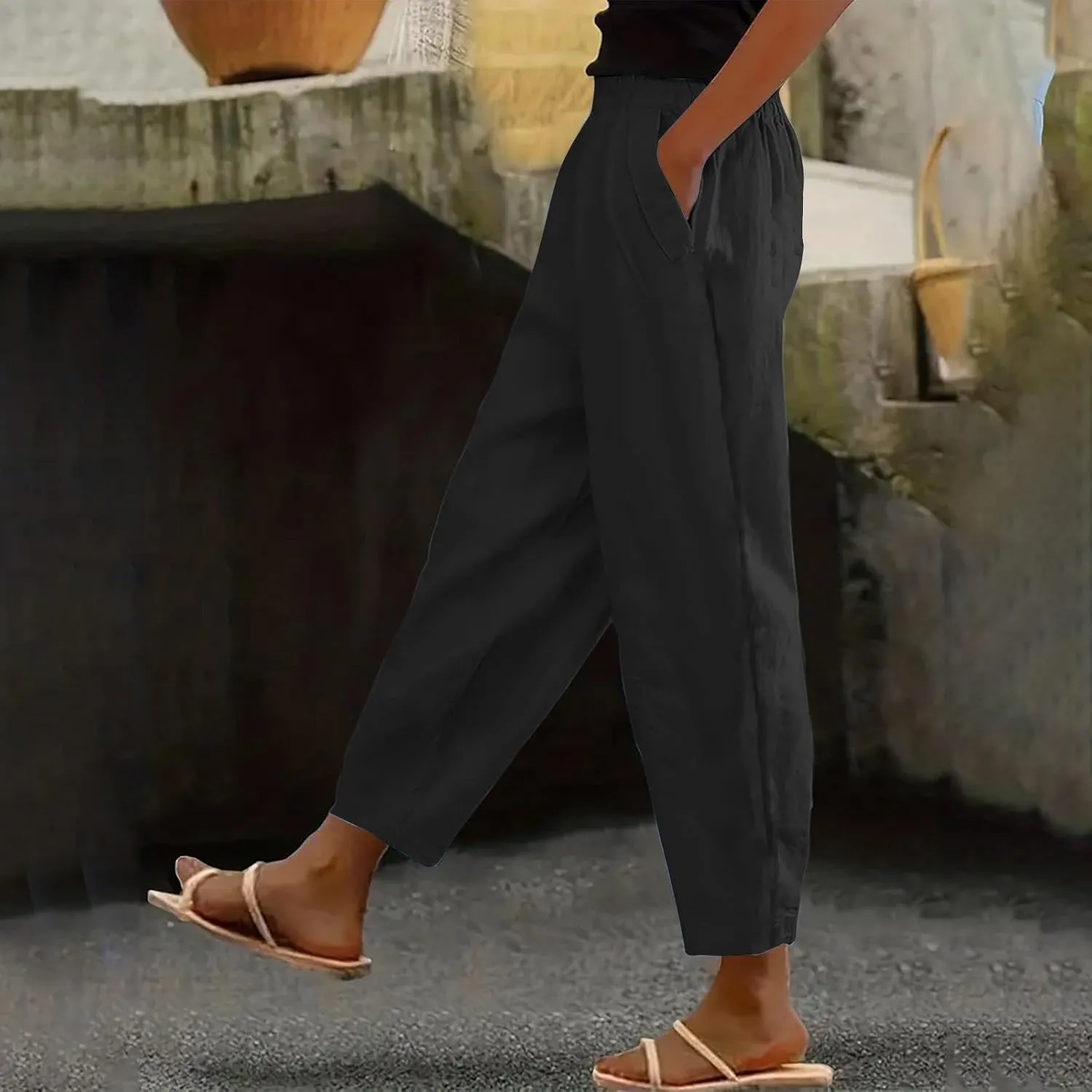 Summer Pants for Women 2024 Casual Baggy High Waist Beach Lounge Pants Loose Fit Wide Leg Capris Linen Pants Trousers