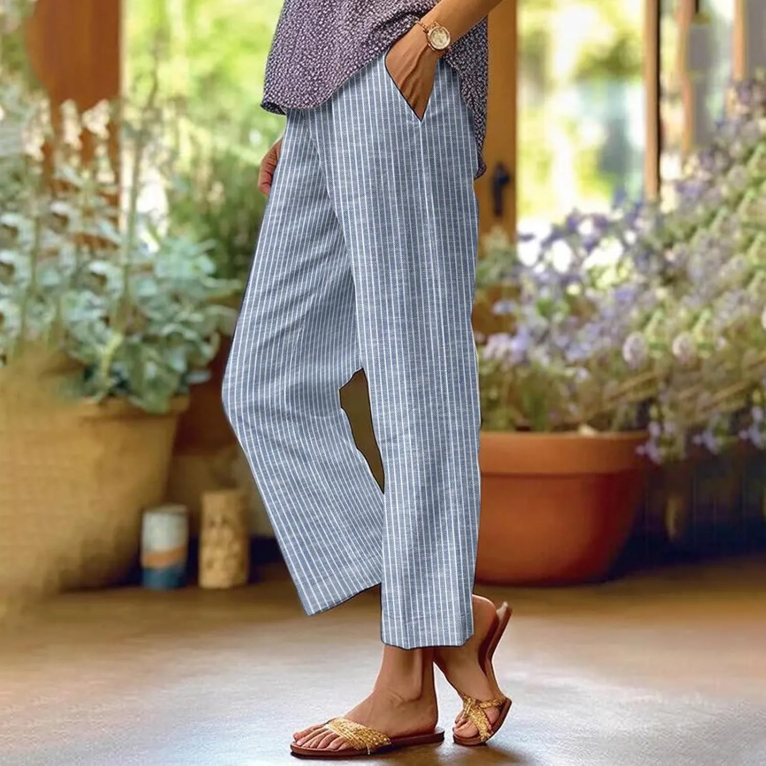 Summer Pants for Women 2025 Vacation Casual Boho Floral Print Cotton Linen Pants Fashion Wide Leg Stripe Lounge Pant