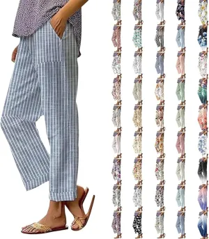 Summer Pants for Women 2025 Vacation Casual Boho Floral Print Cotton Linen Pants Fashion Wide Leg Stripe Lounge Pant