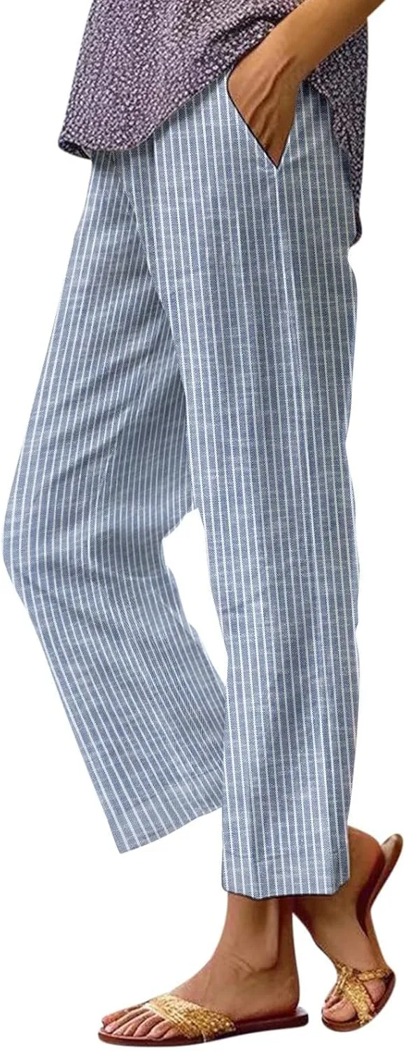 Summer Pants for Women 2025 Vacation Casual Boho Floral Print Cotton Linen Pants Fashion Wide Leg Stripe Lounge Pant