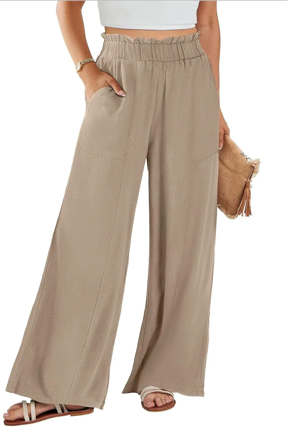 Summer Pants for Women 2025 Vacation Elastic High Waisted Paper Bag Linen Pants Trendy Travel Vacation Trouser with Pockets