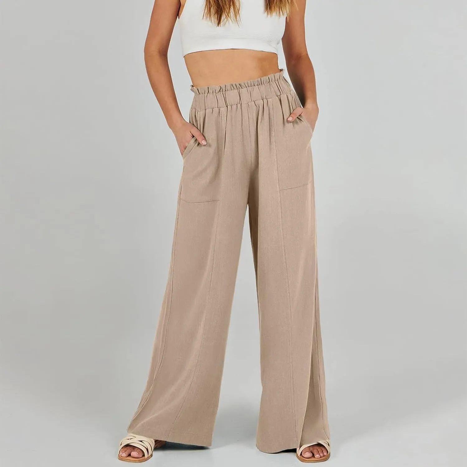 Summer Pants for Women 2025 Vacation Elastic High Waisted Paper Bag Linen Pants Trendy Travel Vacation Trouser with Pockets