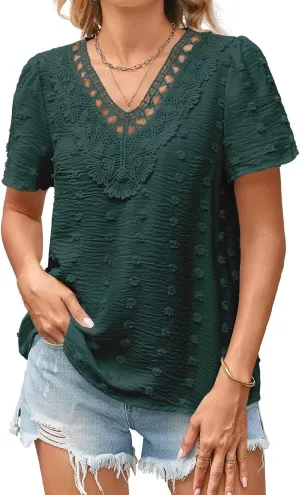 Summer Tops For Women 2025 Boho Swiss Dot Blouses Short Sleeve Shirts Flowy V Neck Casual Peasant Lace Hem Clothing