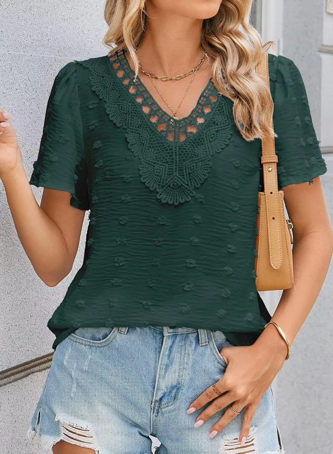 Summer Tops For Women 2025 Boho Swiss Dot Blouses Short Sleeve Shirts Flowy V Neck Casual Peasant Lace Hem Clothing