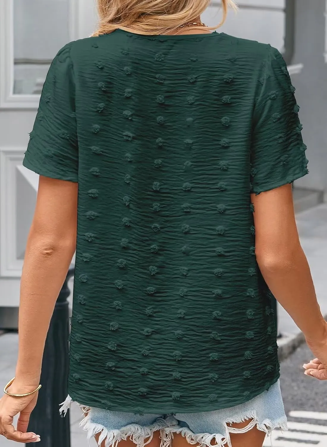 Summer Tops For Women 2025 Boho Swiss Dot Blouses Short Sleeve Shirts Flowy V Neck Casual Peasant Lace Hem Clothing