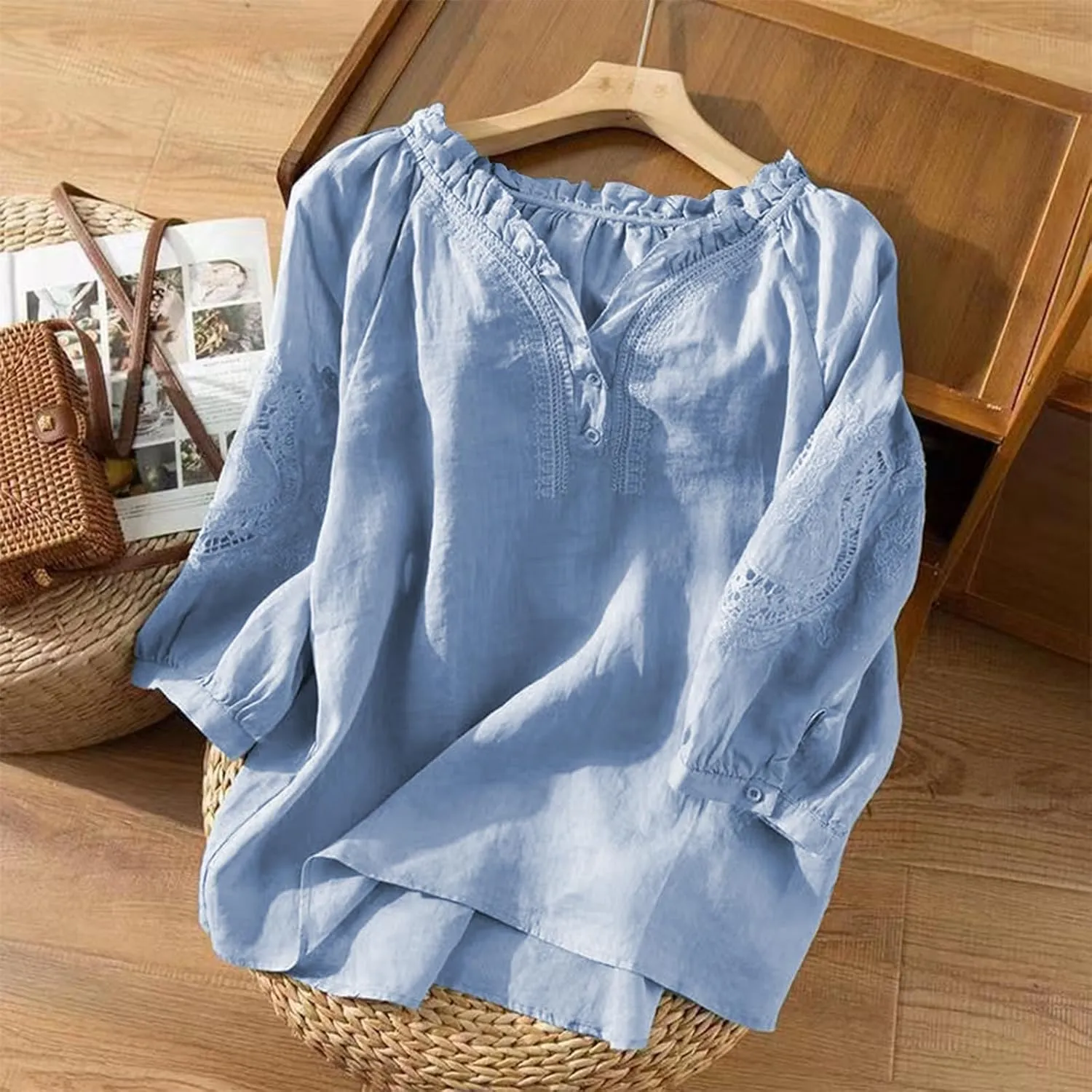 Summer Tops for Women 2025 Retro Embroidered 3/4 Sleeve Boho Tops Cotton Linen Hawaiian Shirts Cruise Outfits 2025