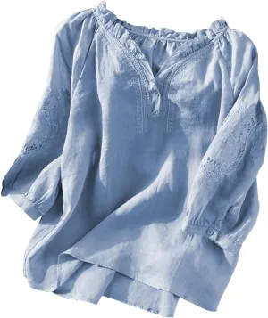 Summer Tops for Women 2025 Retro Embroidered 3/4 Sleeve Boho Tops Cotton Linen Hawaiian Shirts Cruise Outfits 2025
