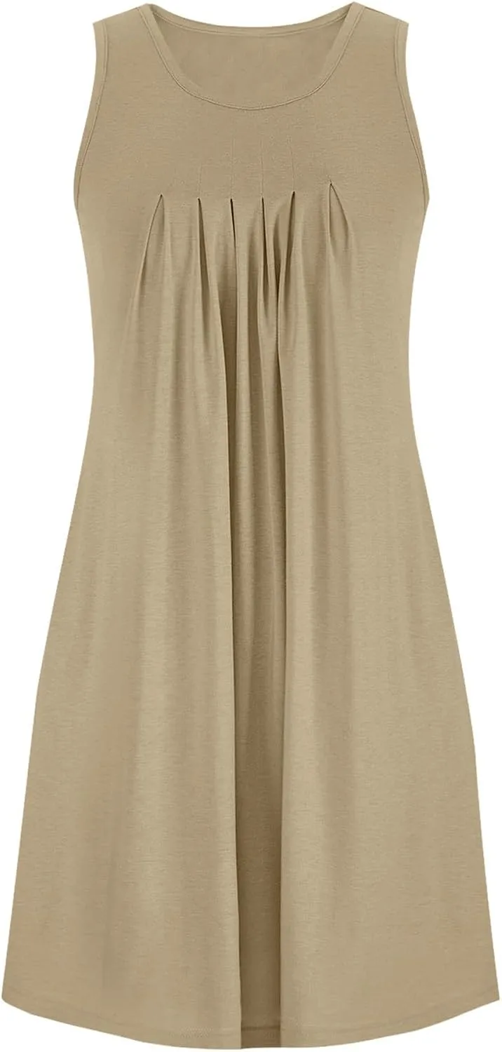 Sun Dresses for Women 2025 Summer Vacation Ruched Tank Dresses Casual Sleeveless Pleated Mini Dress with Pockets
