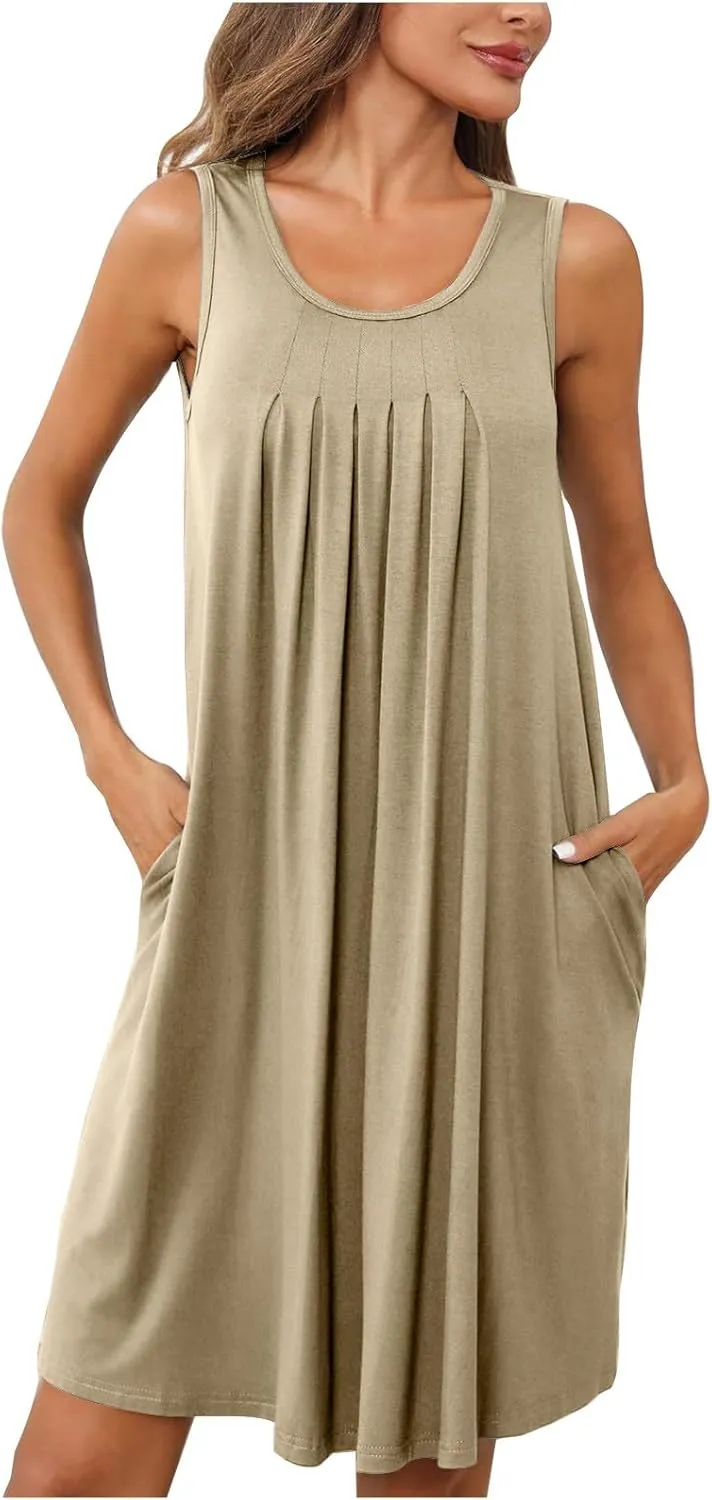 Sun Dresses for Women 2025 Summer Vacation Ruched Tank Dresses Casual Sleeveless Pleated Mini Dress with Pockets