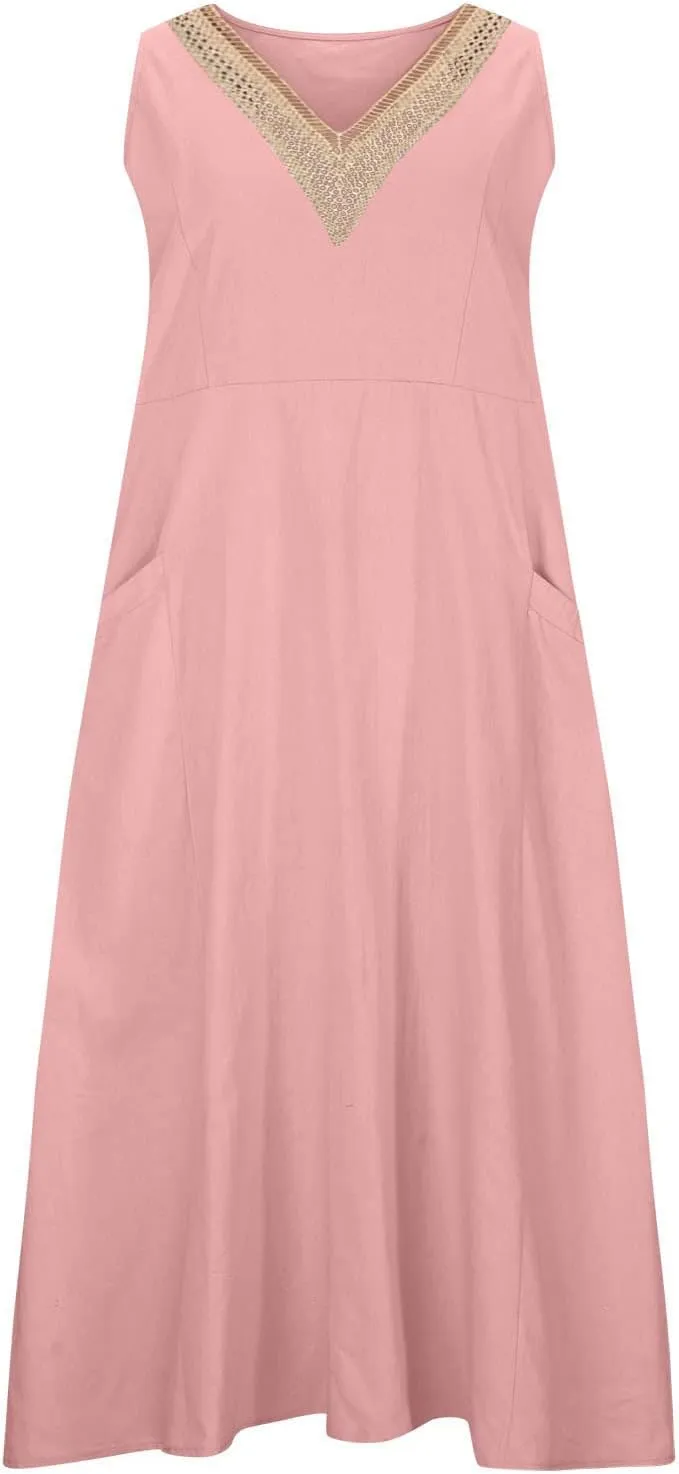 Sun Dresses Women Summer Casual Sexy Sleeveless Cotton Linen Scoop Neck Ruffle Flowy Long Maxi Dress with Pockets