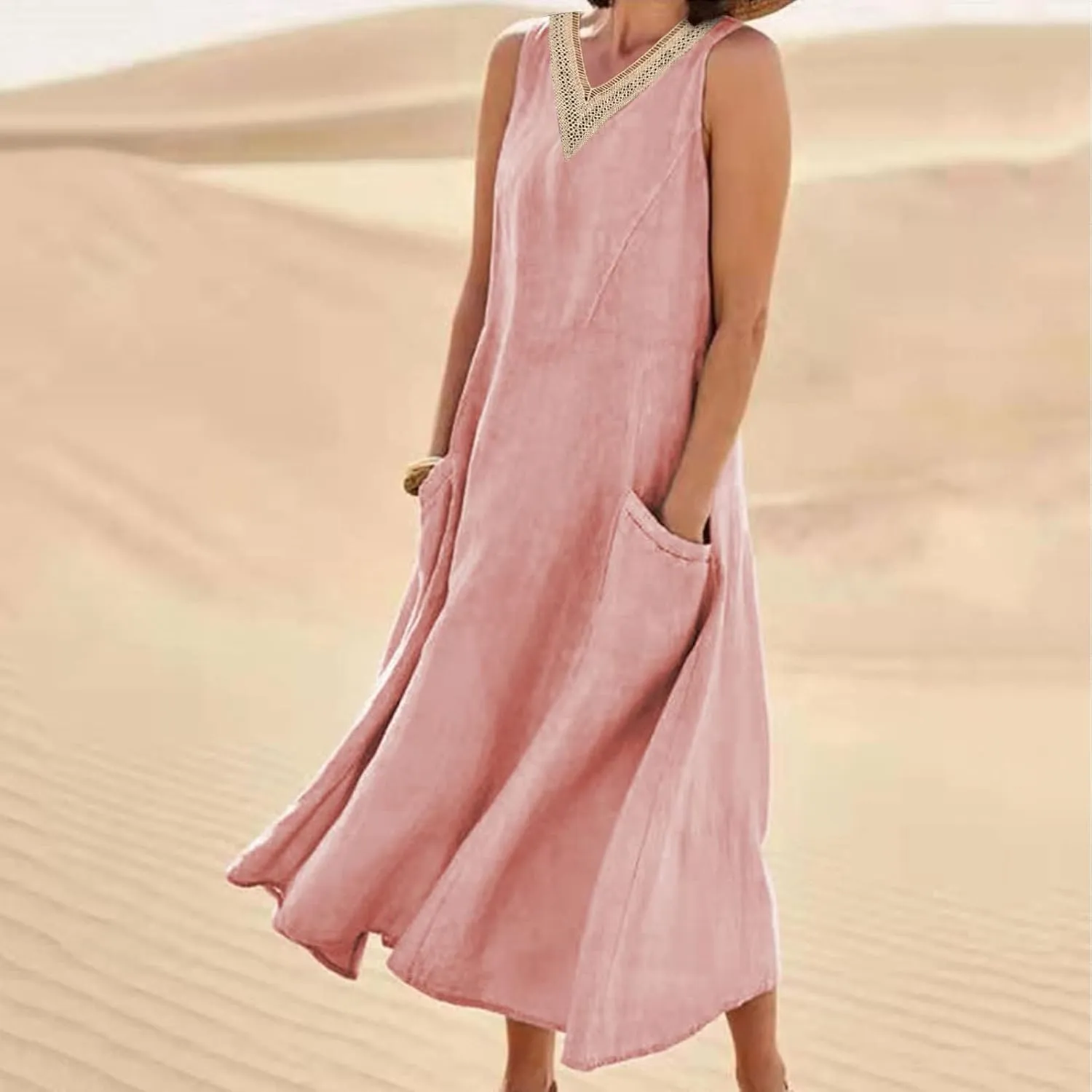 Sun Dresses Women Summer Casual Sexy Sleeveless Cotton Linen Scoop Neck Ruffle Flowy Long Maxi Dress with Pockets
