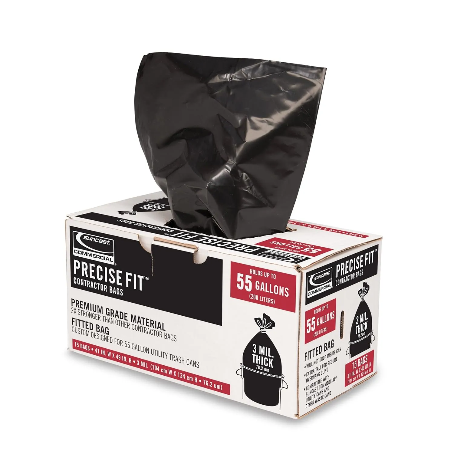 Suncast Commercial Extra Tall Precise Fit Contractor Trash Bags, 55 Gallon Capacity, 3 Mil Heavy-Duty Thickness, Compatible with Suncast 55 Gallon Trash Cans (Box of 15), Made in The USA