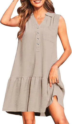 Sundresses for Women 2025 Loose Fit V-Neck Fashion Button Dress Summer Casual Sleeveless Solid Beach Dresses