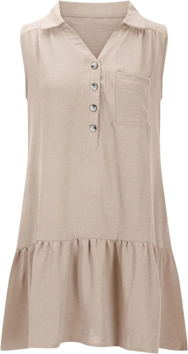 Sundresses for Women 2025 Loose Fit V-Neck Fashion Button Dress Summer Casual Sleeveless Solid Beach Dresses