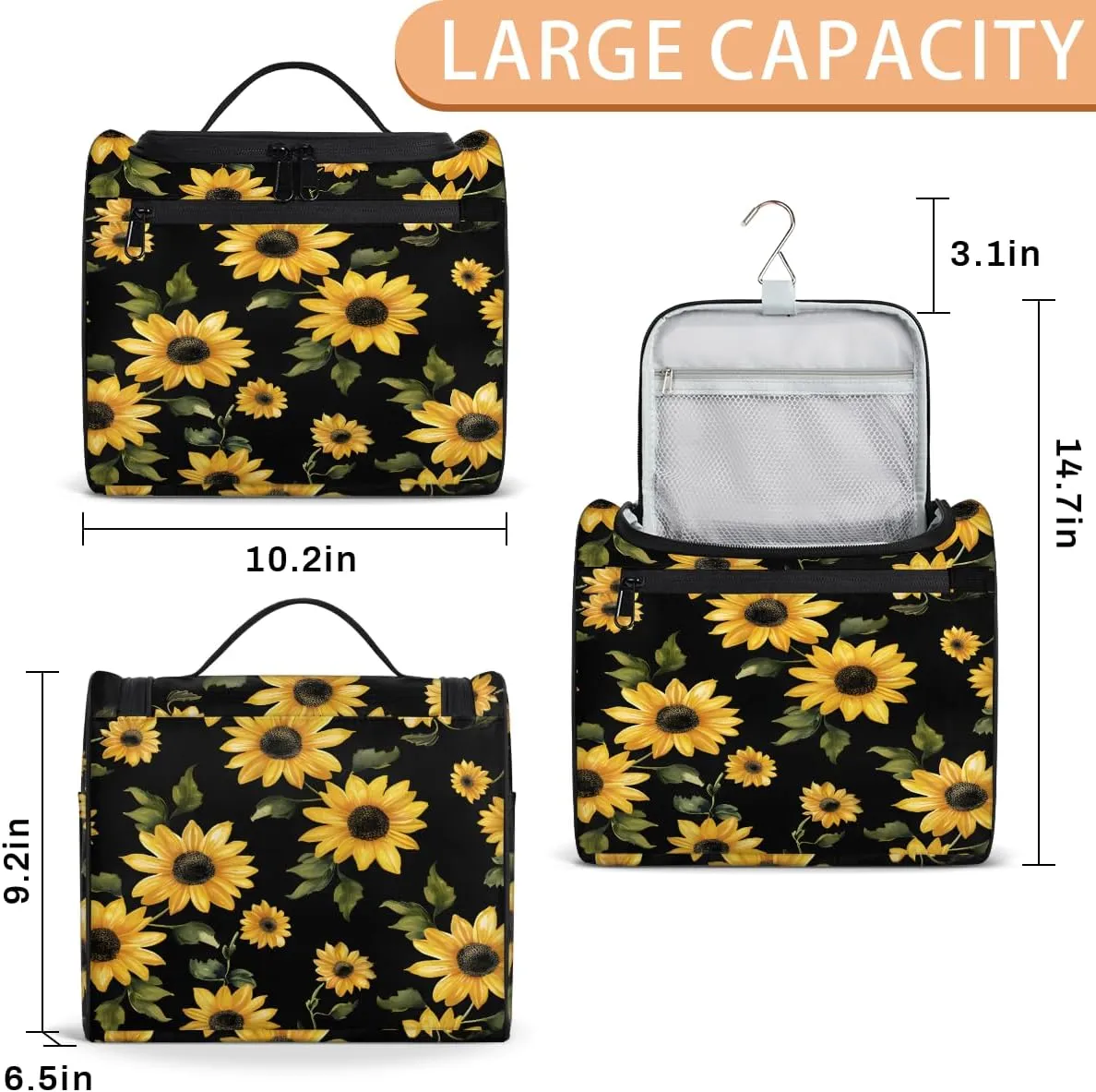Sunflowers Travel Toiletry Bag for Women Large Capacity Wide-open Makeup Organizer Cosmetic Travel Bags for Toiletries