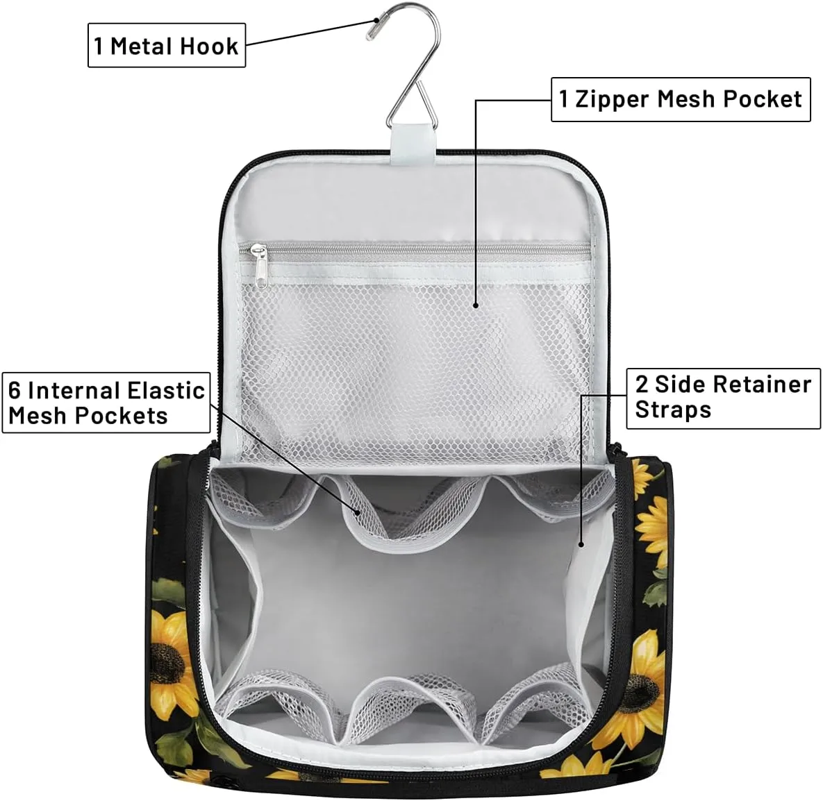 Sunflowers Travel Toiletry Bag for Women Large Capacity Wide-open Makeup Organizer Cosmetic Travel Bags for Toiletries