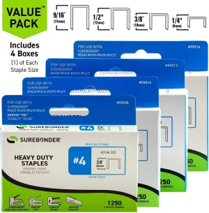 Surebonder Heavy Duty Staples No. 4 Variety Pack Includes 5,000 staples - 1/4-in, 3/8-in, 1/2-in, 9/16-in (55999)