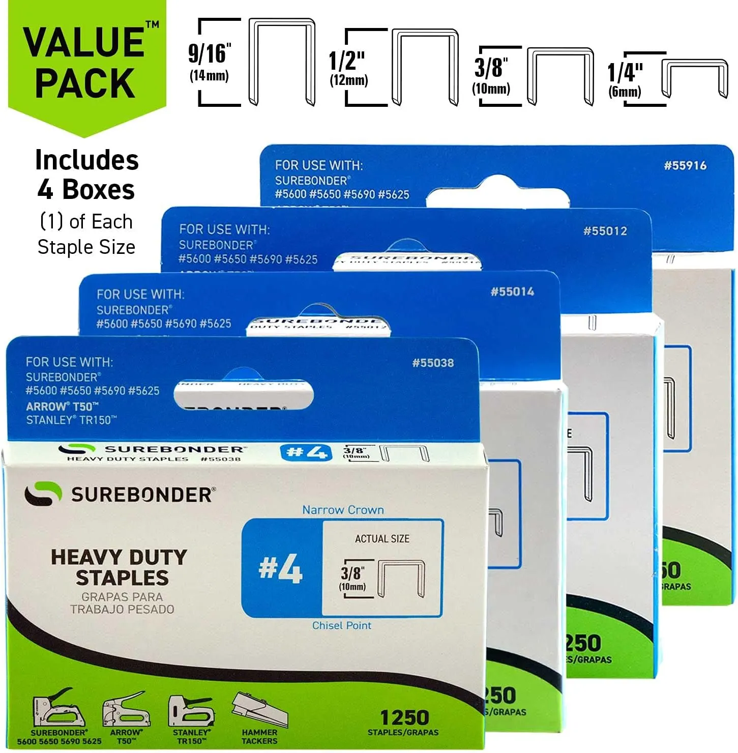 Surebonder Heavy Duty Staples No. 4 Variety Pack Includes 5,000 staples - 1/4-in, 3/8-in, 1/2-in, 9/16-in (55999)