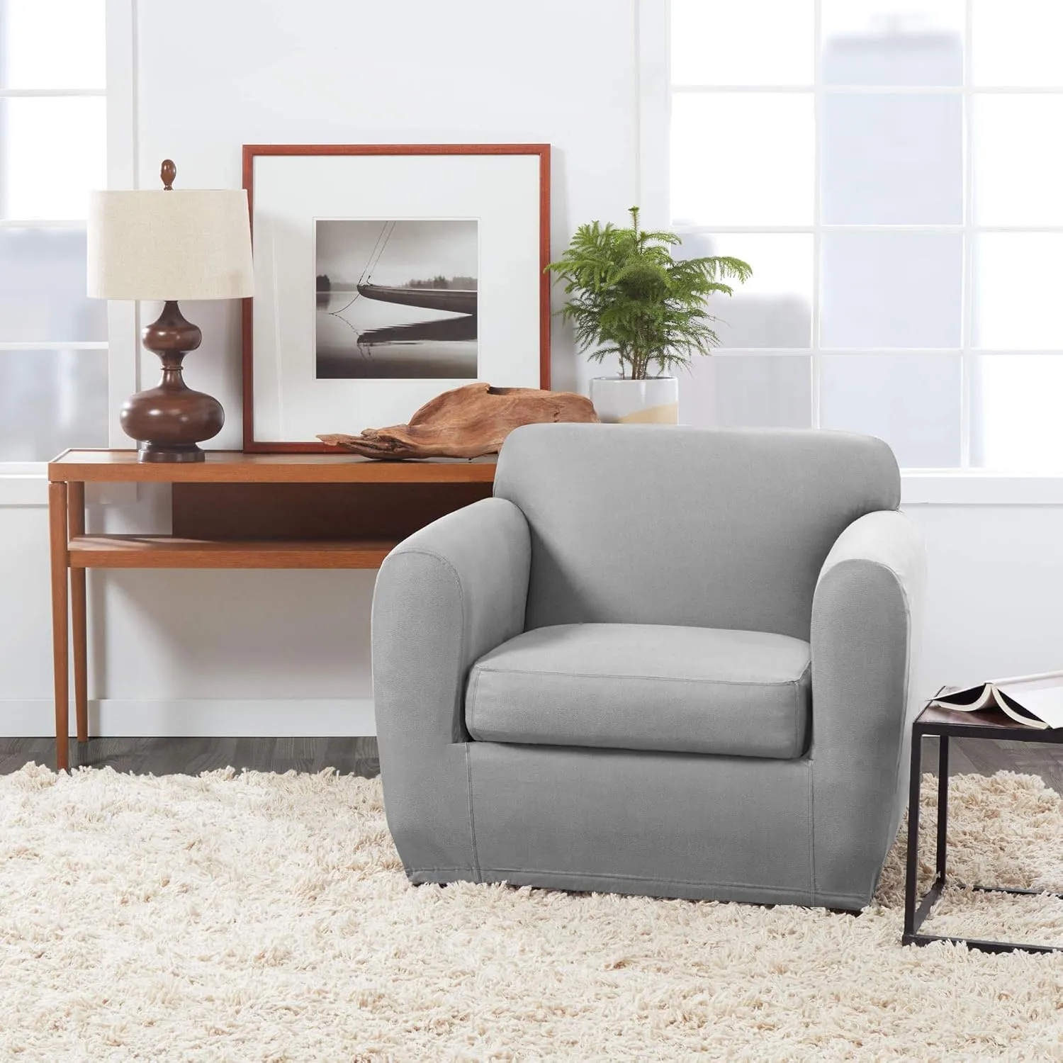 SureFit Home Decor Ultimate Heavyweight Stretch Faux-Leather Separate Seat Chair Slipcover -,Pebbled Gray
