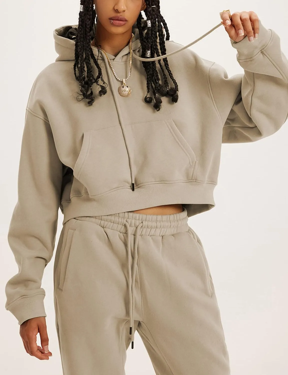 Sweatsuits for Women 2 Piece Set Crop Fleece Lining Hoodies Jogger Sweatpants Sweat Suits