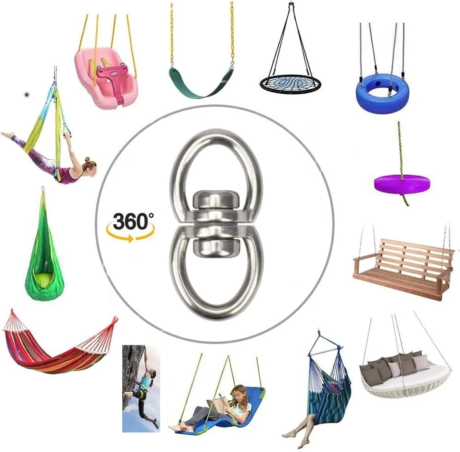 Swing Swivel Hanger Breaking Strength 360° Rotator for Tree Swing, Hammock Chair, Climbing Rope, Yoga, Kids Swing Swivel 1500LB Capacity