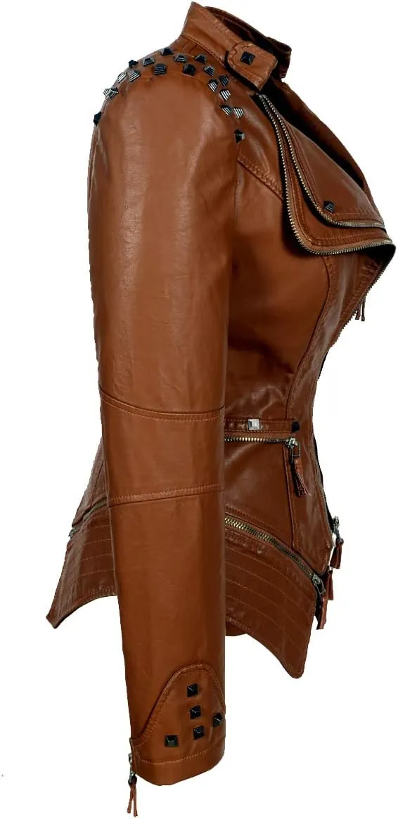 SX Women's Fashion Studded Perfectly Shaping Faux Leather Biker Jacket