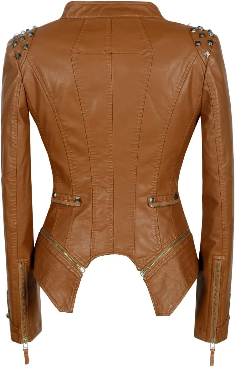 SX Women's Fashion Studded Perfectly Shaping Faux Leather Biker Jacket