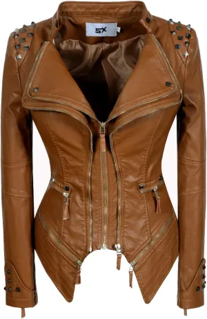 SX Women's Fashion Studded Perfectly Shaping Faux Leather Biker Jacket