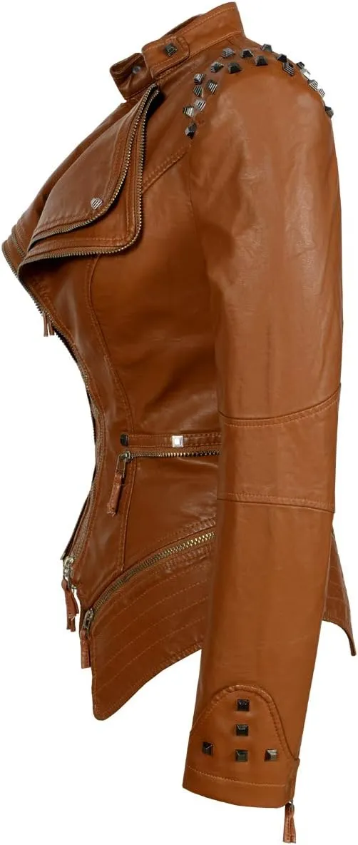 SX Women's Fashion Studded Perfectly Shaping Faux Leather Biker Jacket