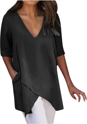 TANGNADE Women's Linen Blouse Tunic Half Short Sleeve Shirt V Neck Tops Irregular Hem Blouse T-Shirts Summer Tunic