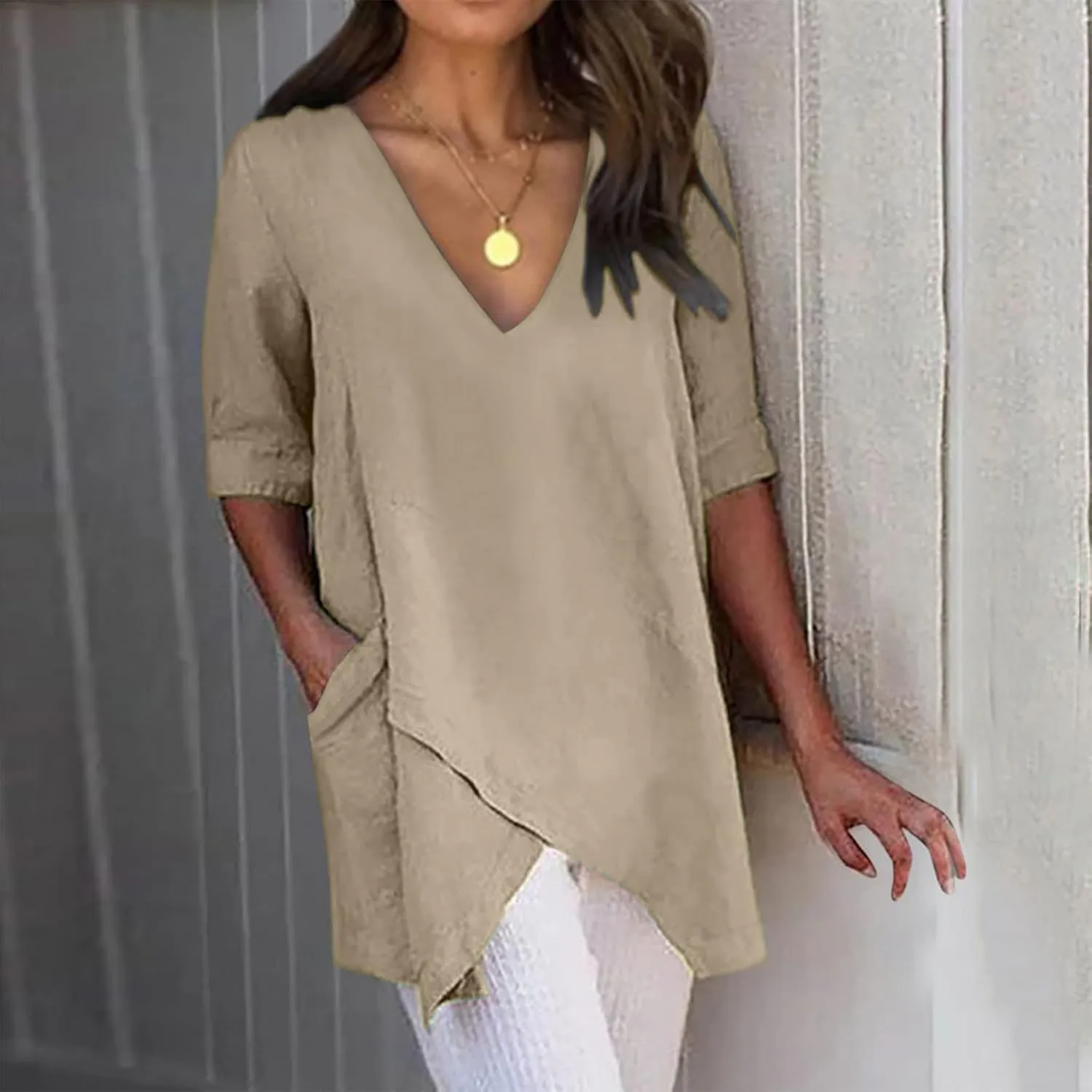 TANGNADE Women's Linen Blouse Tunic Half Short Sleeve Shirt V Neck Tops Irregular Hem Blouse T-Shirts Summer Tunic