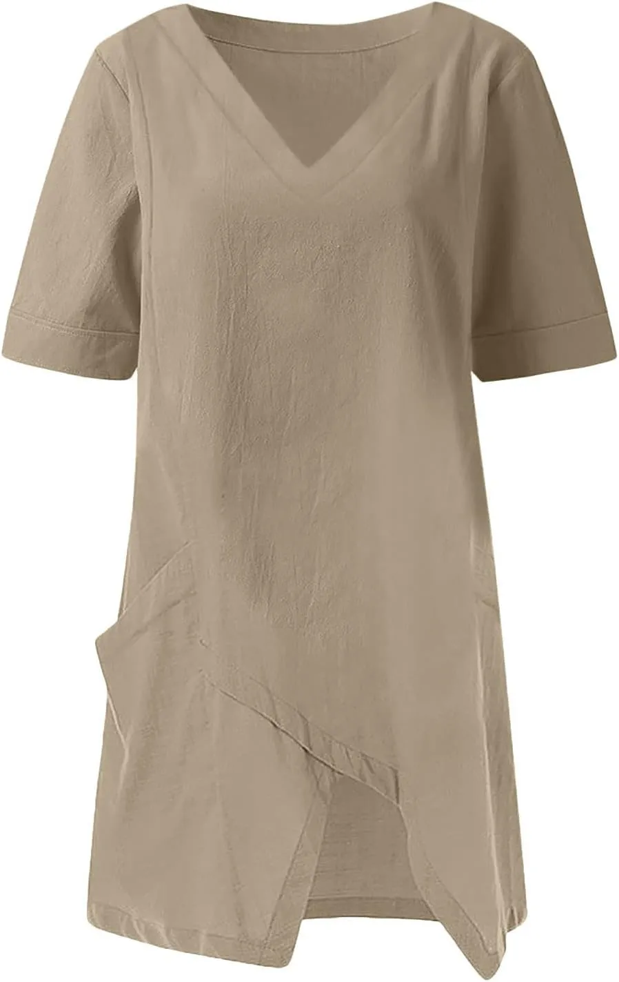 TANGNADE Women's Linen Blouse Tunic Half Short Sleeve Shirt V Neck Tops Irregular Hem Blouse T-Shirts Summer Tunic