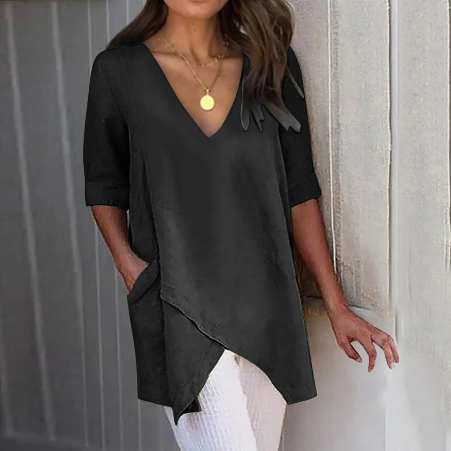 TANGNADE Women's Linen Blouse Tunic Half Short Sleeve Shirt V Neck Tops Irregular Hem Blouse T-Shirts Summer Tunic