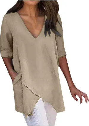 TANGNADE Women's Linen Blouse Tunic Half Short Sleeve Shirt V Neck Tops Irregular Hem Blouse T-Shirts Summer Tunic