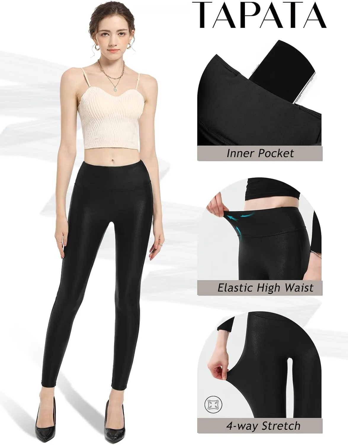 Tapata Petite Women's 25"/27"/29" Inseam Faux Leather Leggings High Waisted Pleather Yoga Pants