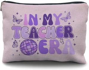 Teacher Makeup Cosmetic Bag - Pink Groovy in My Teacher Era Small Makeup Bag for Purse