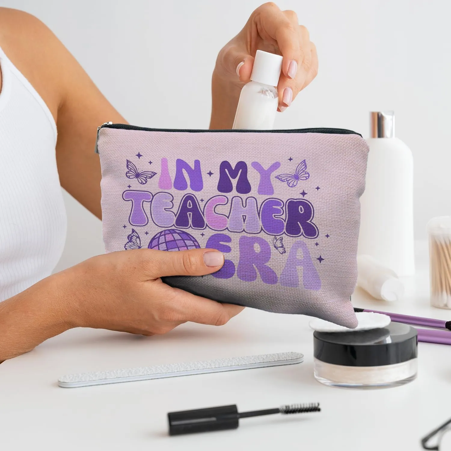 Teacher Makeup Cosmetic Bag - Pink Groovy in My Teacher Era Small Makeup Bag for Purse