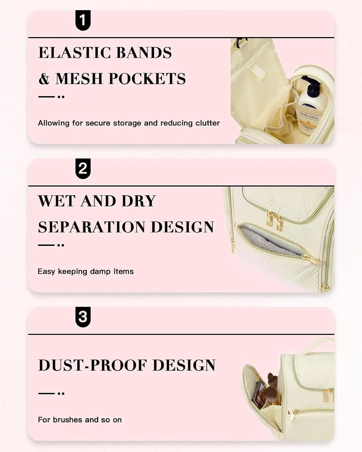 Telena Travel Essentials Toiletry Cosmetic Makeup Bag - Hanging Multifunctional Make Up Organizador,Water Resistant Accessories for Women,Portable Lightweight Toiletries kits,Large Capacity,Beige